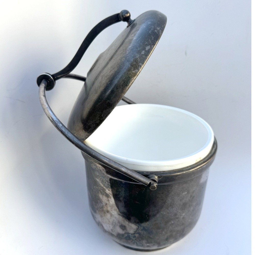 VTG MCM Sheffield Ice Bucket Mechanical Silver Plated Patina Milk Glass Barware